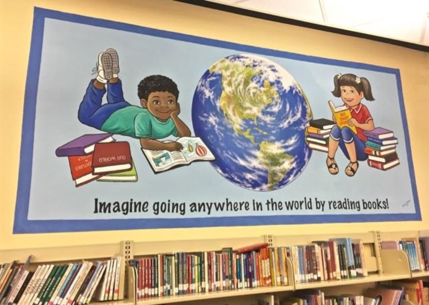 School Library Mural, Kids Reading Books, Mural Mural On The Wall Inc. 