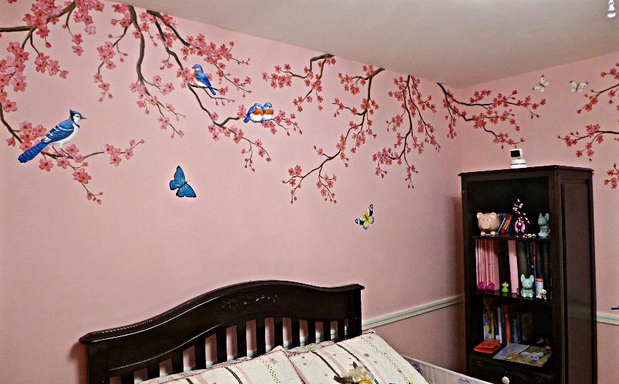 Birds and Cherry Blossoms Mural,  Mural for a girl's room