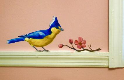 Bird painted on a chair rail molding by Mural Mural On The Wall, Inc.