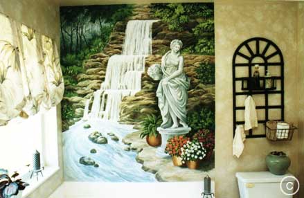 Bathroom Mural: Waterfall & Statue, Mural Mural On The Wall Inc.