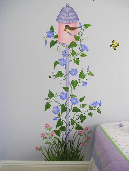 Birdhouse with Morning Glories painted by Mural Mural On The Wall, Inc.