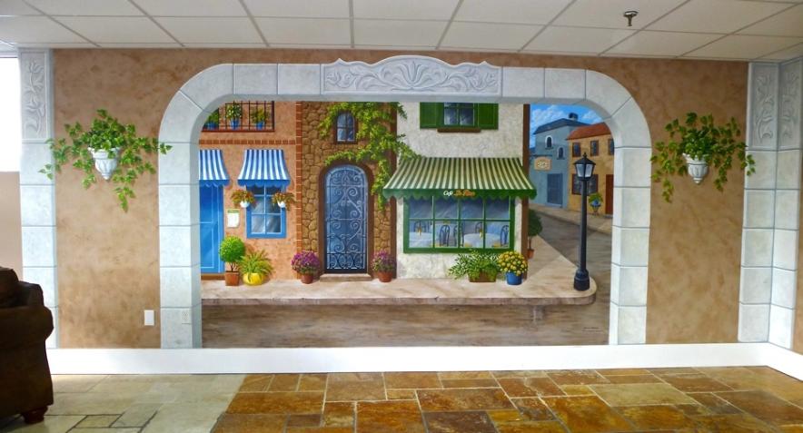 Trompe L' Oeil European Street Scene Mural, Tromp L'oeil Mural 