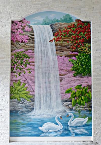 Mural: Waterfall with Swans, Mural Mural On The Wall Inc