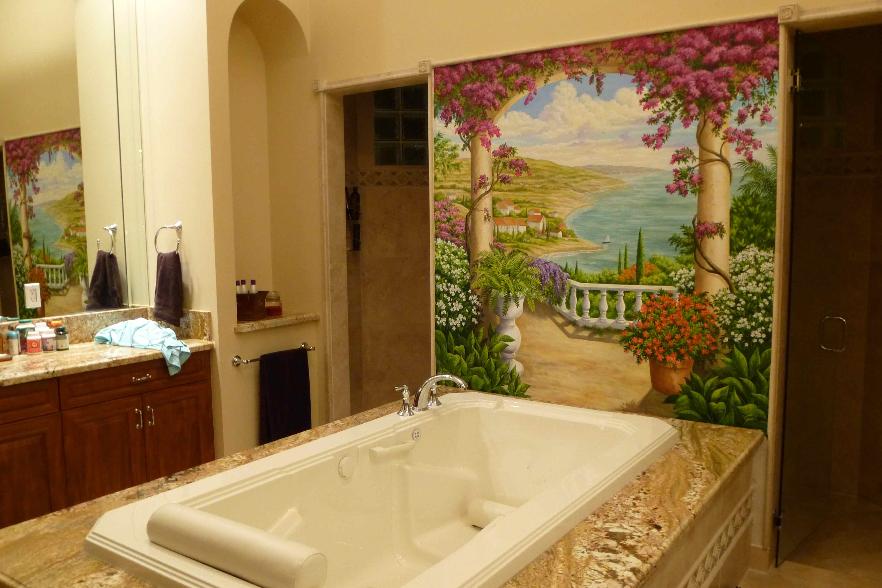 Tuscan Landscape Mural above Roman Bathtub, Mural Mural On The Wall, Inc.